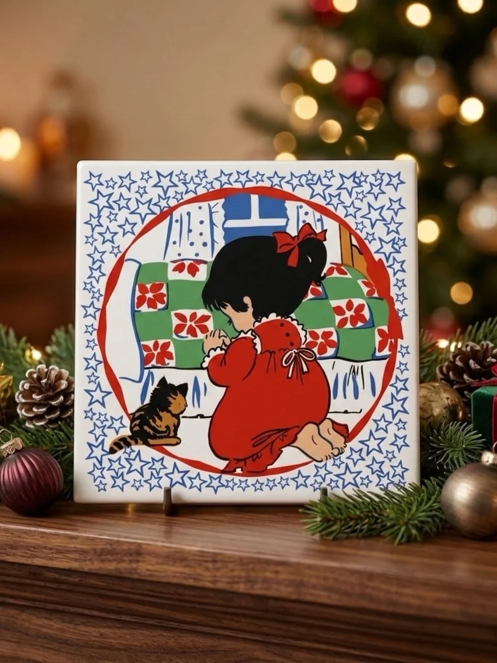 Vintage Jasco Ceramic Tile Trivets Bedtime Prayers Boy Girl Set, Early 80s